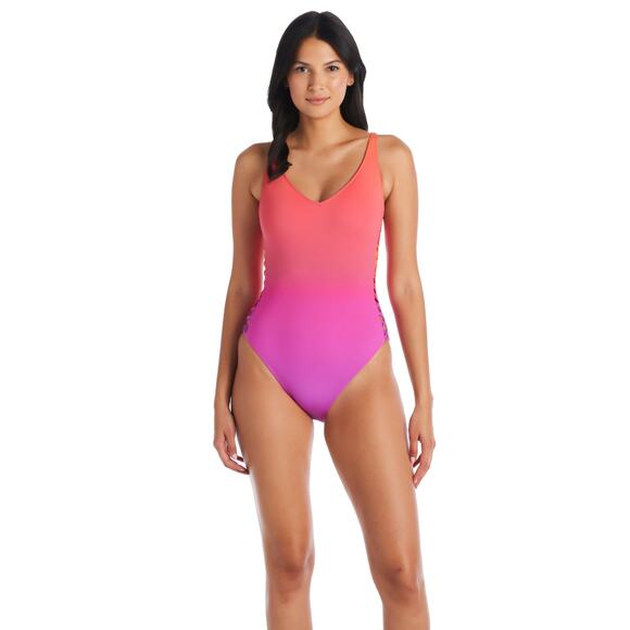 Bleu Rod Beattie Cool Breeze Pink Lace Up Sides Ombre V-Neck One Piece Swimsuit - Picture 1 of 12